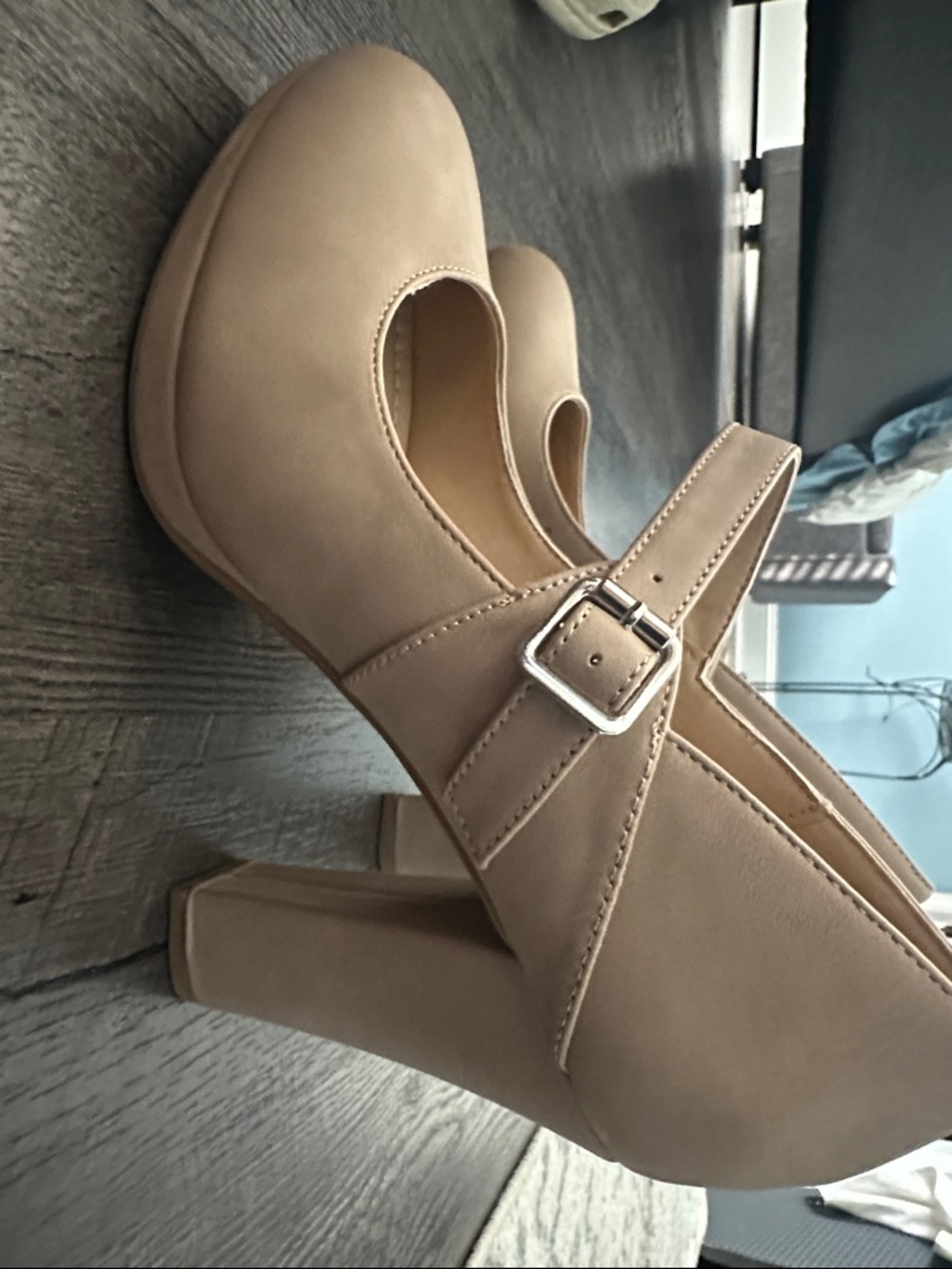Classic Mary Jane Block Heel Pumps in Beige - Picture 3 of 3